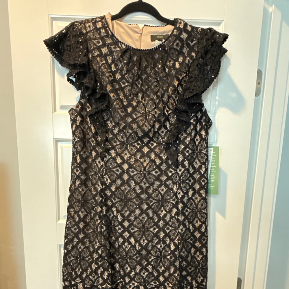 MAIA BLACK LACE DRESS SZ 14 NUDE LINING RUFFLES SEQUINS SLEEVELESS- NWT! RET $89